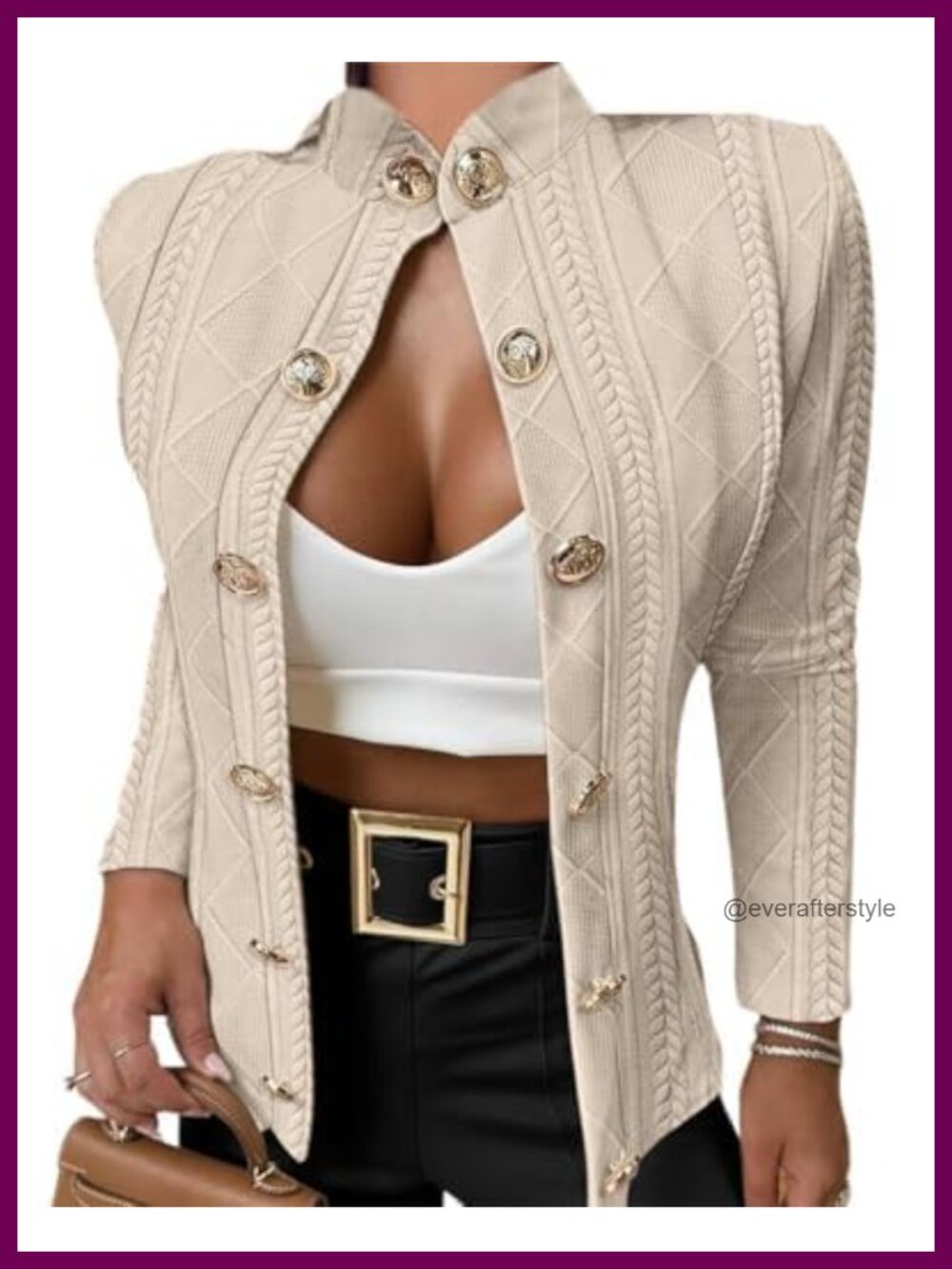 Women's Argyle Cable Knit Cropped Jacket Stand Collar Button Up Coat